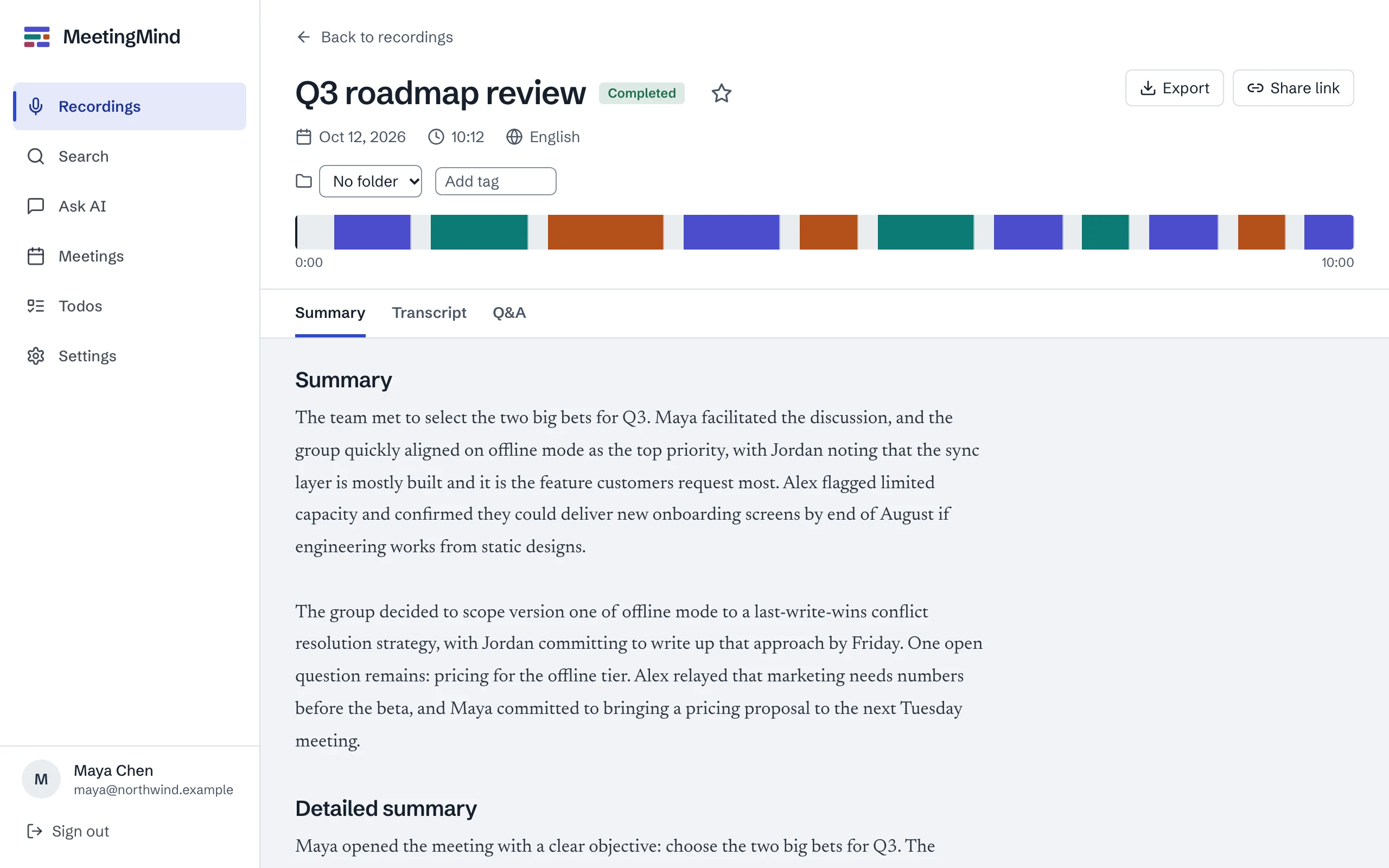 A meeting in MeetingMind: a colored timeline of who spoke, the summary on the Summary tab, and Transcript and Q&A tabs